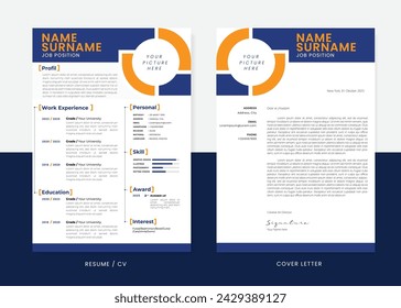 Minimalist CV Resume and Cover Letter Design Template. Professional Modern Design. Stylish Minimalist Elements and Icons with Blue and Orange Color.