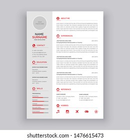 Minimalist cv / resume template for Jobs Applications - Modern template in red style - Vector illustration