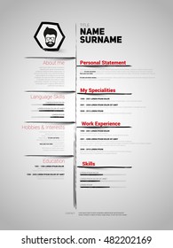 Minimalist CV, resume template with simple design and brush drawed lines, vector