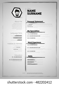 Minimalist CV, resume template with simple design and brush drawed lines, vector