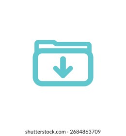 Ein minimalistischer türkiser Umriss eines Ordners mit einem nach unten gerichteten Pfeil, der Download- oder Speichervorgänge symbolisiert.