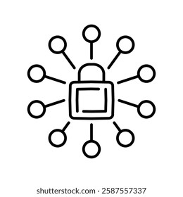 Minimalist Cybersecurity Network Lock Icon in Line Art. Vector illustration of a padlock connected to multiple nodes, symbolizing cybersecurity, data protection, and network security