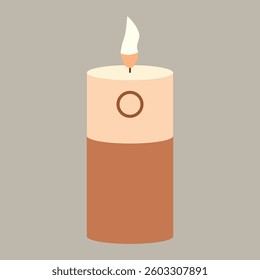 Minimalist cylindrical candle featuring a two-tone design, subtle circular accent, and a single flame on neutral background