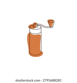 Minimalist cylindrical hand crank coffee grinder in a continuous line art style with terracotta shapes