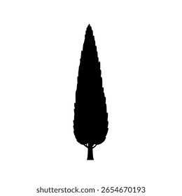 Minimalist cypress tree in a simple solid black icon style. A slender evergreen graphic for nature logos or landscape design projects.