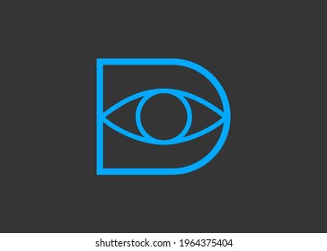 Letra D minimalista inicial con diseño de logotipo de formas oculares. Ilustración de la letra D inicial con forma de ojo azul Circular Línea de estilo infinito aislado en el diseño del icono de fondo negro. Diseño de vectores.