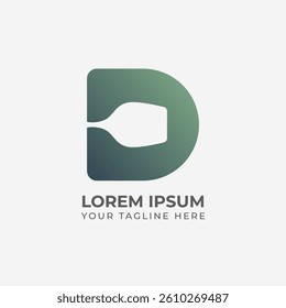 Minimalist D logo with glass illustration in white space, suitable for beverage business or cafe.