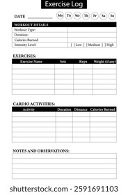 Minimalist Daily Exercise Log Page Template, Printable Workout Tracker Sheet, Fitness Journal