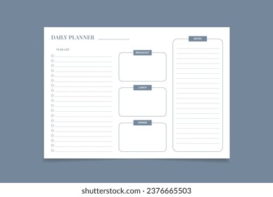 minimalist daily planner design template in a blue colors. Vector illustration. Blank white notebook page A4. Vector illustration design