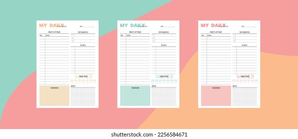 Minimalist daily planner template set. Vector illustration