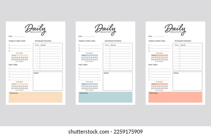 Minimalist daily planner template set. Vector illustration