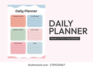 Minimalist Daily Planner-Vorlage mit Aufgabenlisten, Trackern und Notizen, Daily to do-Listenvorlage, KDP-Planer