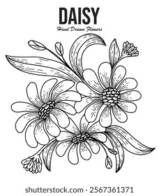 Minimalist daisy flower design with hand drawing in black and white lines, flower coloring book, wedding invitation design, ornament design.