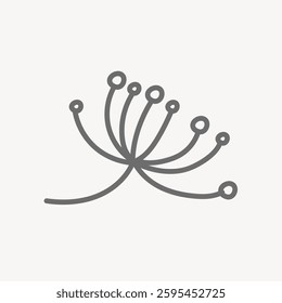 Minimalist dandelion icon with thin lines and circular tips, symbolizing simplicity and nature. The dandelion design is elegant and understated. Minimal illustration vector.