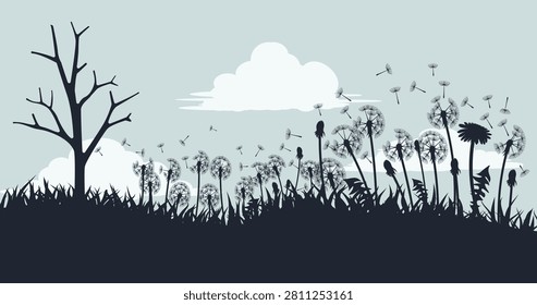 Minimalist Dandelion Meadow Landscape with Bare Tree, Floating Seeds, and Cloudy Sky Nature Vector Background