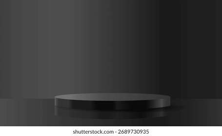 Minimalist dark 3D circular podium on a reflective surface with soft gradient lighting. Perfect for showcasing luxury products, branding mockups, cosmetic displays, or modern presentation backgrounds.