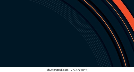 Minimalist dark abstract background with glowing orange curved lines design. Modern circular line pattern for cover, brochure, banner, promotion, presentation, and website. EPS. 4