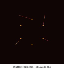 A minimalist dark background features six orange circular nodes arranged in a hexagonal formation. Four nodes exhibit dashed gradient lines extending outward, suggesting connectivity and data transmission. This conceptual abstract representation of a digital network or blockchain matrix illustrates technology, modern communication, decentralized systems, and complex global information processing architectures.