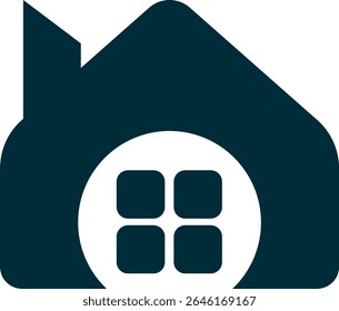 Uma silhueta minimalista da casa azul escura com uma janela circular proeminente dividida em quatro painéis quadrados. O design é limpo e moderno, adequado para a marca.