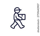 A minimalist dark blue line icon of a courier walking and carrying a package. Symbolizes delivery, shipping, and logistics services. Isolated vector.