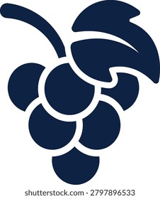 Minimalist dark blue solid glyph icon illustration of a bunch of fresh grapes with a stem and leaf on white background