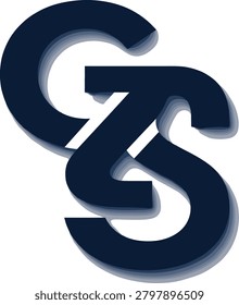 Minimalist dark blue solid typography monogram illustration of interconnected letters C, Z, and S with a drop shadow effect on white background