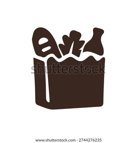 A minimalist dark brown silhouette icon of a paper grocery bag. The bag is full of items including a loaf of bread, leafy greens, and a bottle.