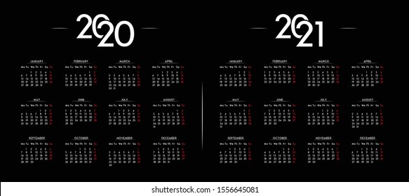 Minimalist Dark Calendar with Year 2020 and 2021 Vector Template 