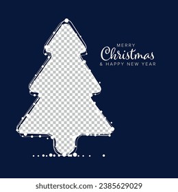 Minimalist dark Christmas flyer card temlate with white snowflakes on a christmas tree shape family photo frame and dark blue background with decorative white circle dots