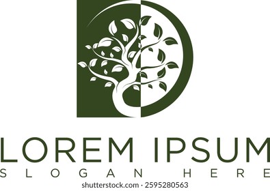 Minimalist dark green tree logo symbolizing growth, sustainability and nature. Modern vector design with clean lines, suitable for eco-friendly businesses, agriculture, conservation organizations.