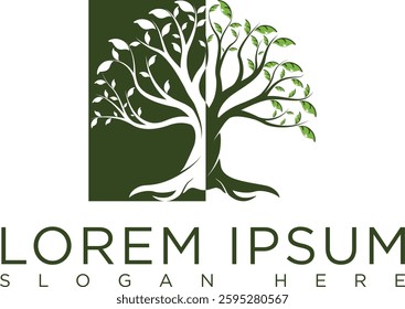 Minimalist dark green tree logo symbolizing growth, sustainability and nature. Modern vector design with clean lines, suitable for eco-friendly businesses, agriculture, conservation organizations.