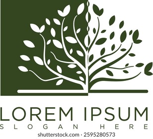 Minimalist dark green tree logo symbolizing growth, sustainability and nature. Modern vector design with clean lines, suitable for eco-friendly businesses, agriculture, conservation organizations.