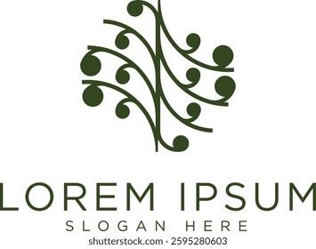 Minimalist dark green tree logo symbolizing growth, sustainability and nature. Modern vector design with clean lines, suitable for eco-friendly businesses, agriculture, conservation organizations.