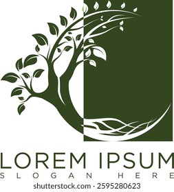 Minimalist dark green tree logo symbolizing growth, sustainability and nature. Modern vector design with clean lines, suitable for eco-friendly businesses, agriculture, conservation organizations.