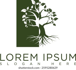 Minimalist dark green tree logo symbolizing growth, sustainability and nature. Modern vector design with clean lines, suitable for eco-friendly businesses, agriculture, conservation organizations.