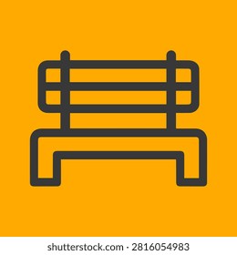 Minimalist dark grey line art icon of a simple wooden park bench isolated on a vibrant yellow background, representing public seating, urban furniture, outdoor relaxation, and city park amenities.