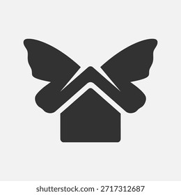 Ein minimalistisches dunkelgraues Logo, das eine Hausstruktur mit eleganten Schmetterlingsflügeln kombiniert, die auf hellgrauem Hintergrund stehen und Heimat, Freiheit oder Transformation symbolisieren.