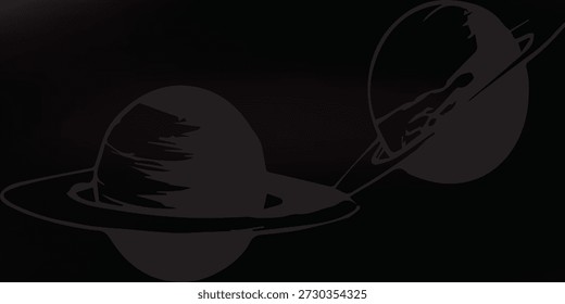 A minimalist, dark illustration featuring two stylized planets with prominent rings against a black background.