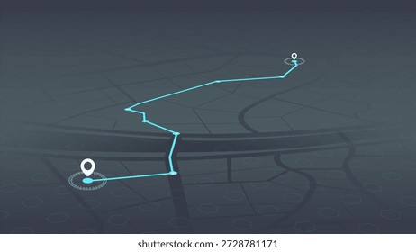 Mapa oscuro minimalista con ruta de navegación azul cian que conecta dos marcadores de pin de ubicación en perspectiva 3D. Ilustración vectorial.