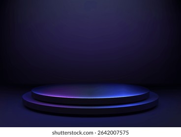 minimalist dark purple background with a 3d two tiered circular podium, softly lit by a gradient of blue and pink light, technology concepts, product displays, or sleek mockups