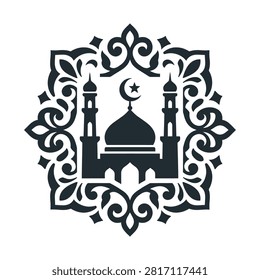 A minimalist dark silhouette of a mosque, featuring a central dome and two tall minarets, each topped with a crescent moon symbol, representing Islamic architecture and faith.