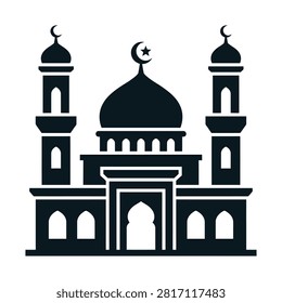 A minimalist dark silhouette of a mosque, featuring a central dome and two tall minarets, each topped with a crescent moon symbol, representing Islamic architecture and faith.