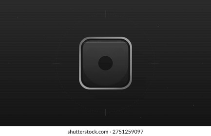 A minimalist dark square button with a silver metallic frame and a central black circle, set against a dark gray background with subtle horizontal lines and a circular grid pattern.