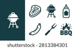 Minimalist dark teal barbecue icon set featuring grill, steak, sauce, sausage, fork, and flame logo. Clean vector style perfect for menus, branding, and summer cookout graphics.