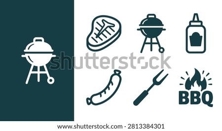 Minimalist dark teal barbecue icon set featuring grill, steak, sauce, sausage, fork, and flame logo. Clean vector style perfect for menus, branding, and summer cookout graphics.