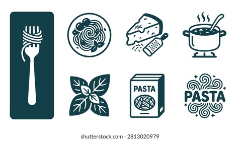 Minimalist dark teal pasta icon set in a flat vector style. Includes a fork with noodles, parmesan wedge, sauce pot, basil, pasta box, and decorative logo. Perfect for culinary branding and menu design.