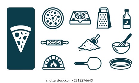 Minimalist dark teal pizza making icon set featuring whole pizza, slice, delivery box, cheese grater, sauce bottle, rolling pin, flour scoop, mixing bowl, stone oven, and pizza peel.