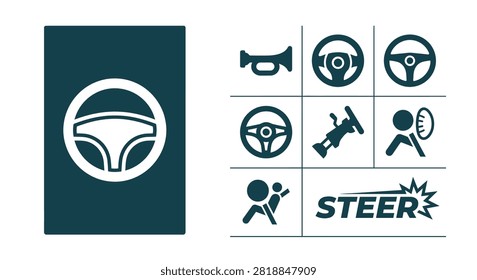 Minimalist dark teal steering wheel and automotive icon set featuring steering wheels, car horn, airbag safety, steering column, and typography in a clean flat vector style.
