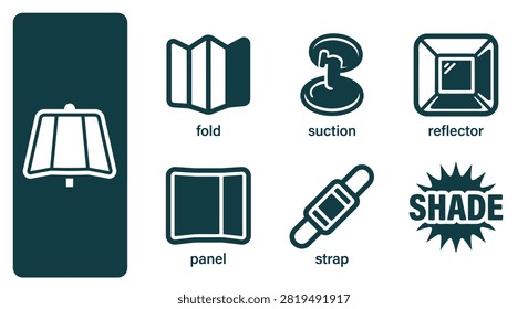 Minimalist Dark Teal Sun Shade Icon Set featuring Fold, Suction, Reflector, Panel, and Strap Designs; Clean Flat Vector Clipart for Automotive Accessories and Web UI Layouts.
