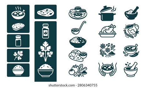 Minimalist dark teal vector icons for Indian food featuring bowls of curry, naan bread, basmati rice, spices, star anise, chicken, mortar and pestle, and cilantro on a white background.